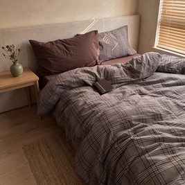 Mocha plaid cotton duvet cover set in a Japandi bedroom