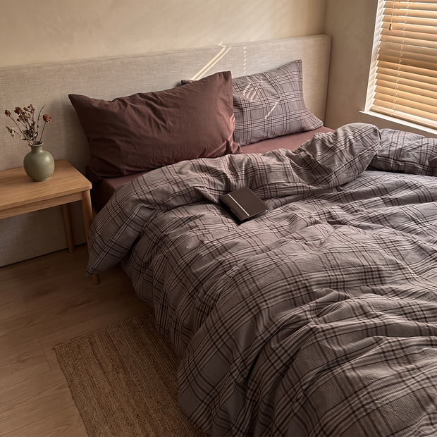 Mocha plaid cotton duvet cover set in a Japandi bedroom