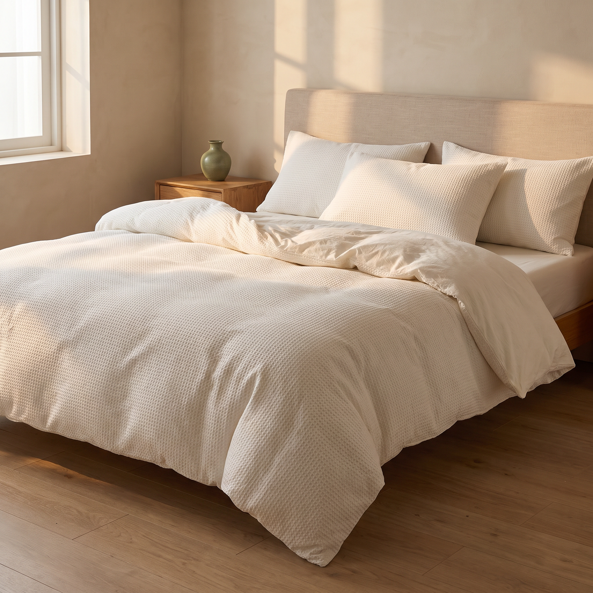 Ivory cotton waffle weave bedding set in a Japandi bedroom