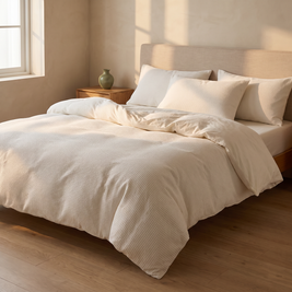 Ivory cotton waffle weave bedding set in a Japandi bedroom