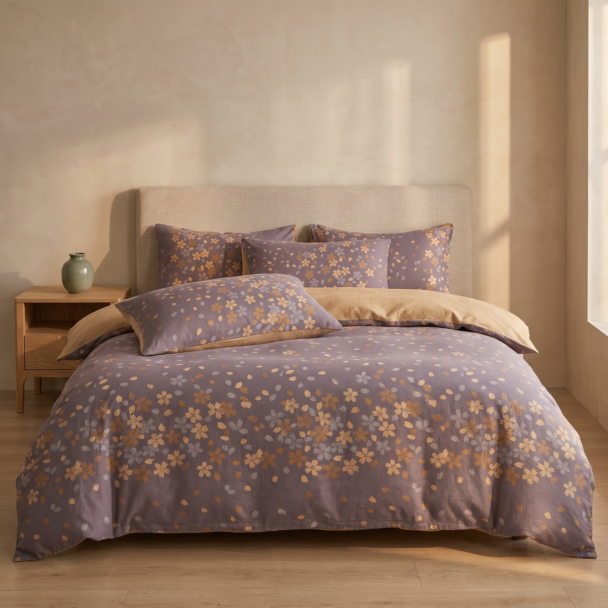 Purple floral cotton duvet cover in a Japandi bedroom