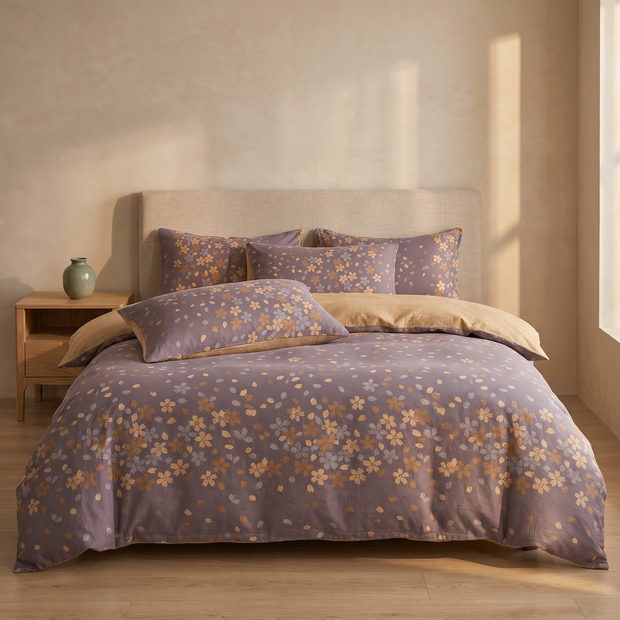 Purple floral cotton duvet cover in a Japandi bedroom