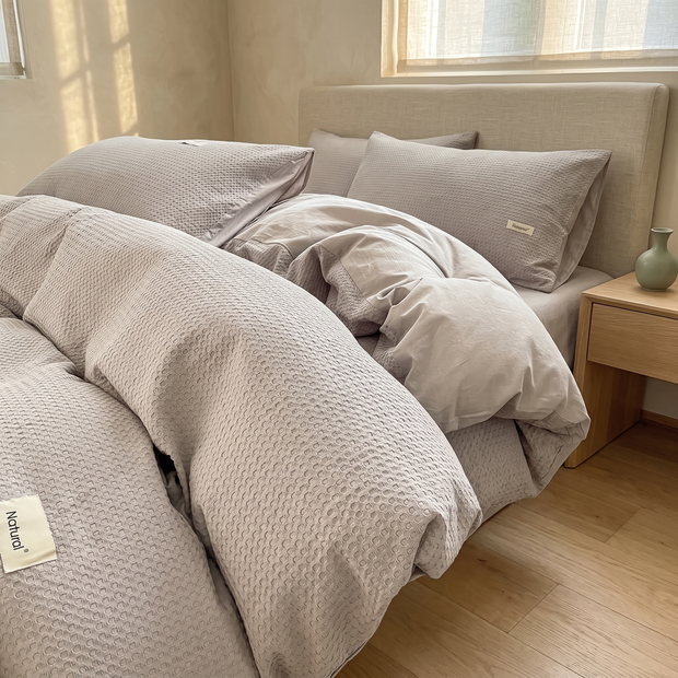 Warm Gray cotton waffle weave bedding set in a Japandi bedroom