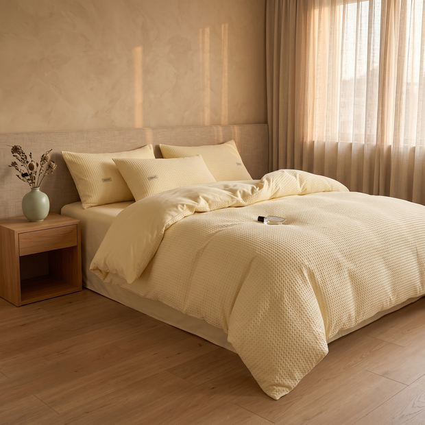 Butter Yellow cotton waffle weave bedding set in a Japandi bedroom