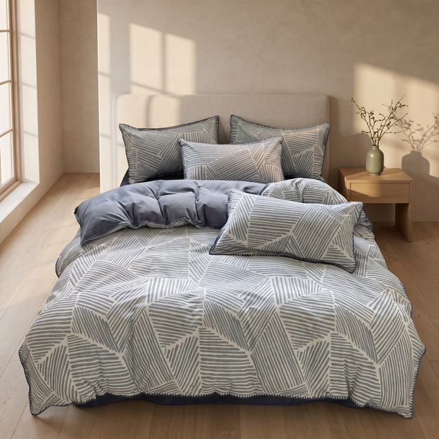 Pale Blue Geometric washed cotton bedding set in a Japandi bedroom