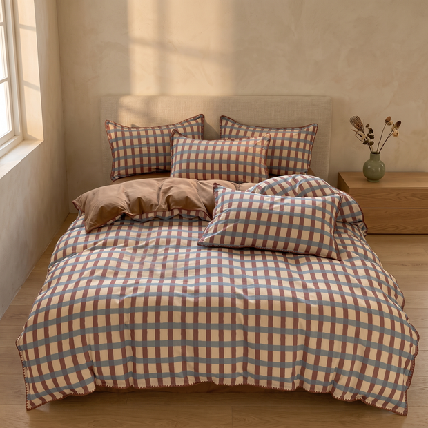 Brown Check washed cotton bedding set in a Japandi bedroom