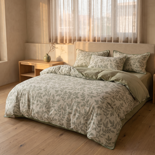 Sage Floral washed cotton bedding set in a Japandi bedroom