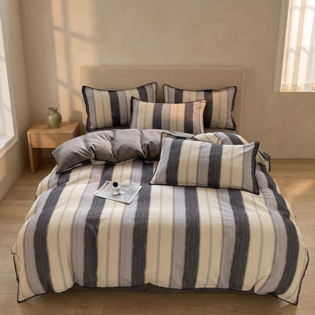 Navy & Cream Stripe washed cotton bedding set in a Japandi bedroom