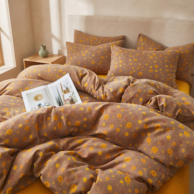 Caramel Floral cotton duvet cover in a Japandi bedroom