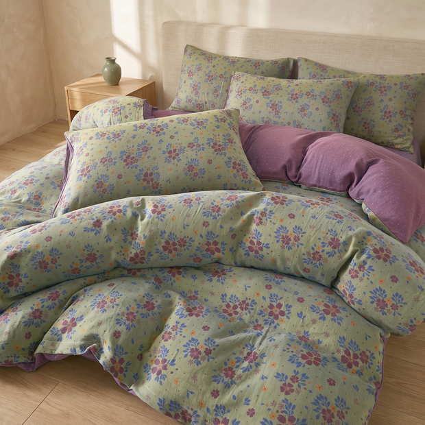 Green & Plum Floral cotton duvet cover in a Japandi bedroom