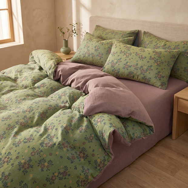 Sage Floral cotton duvet cover in a Japandi bedroom
