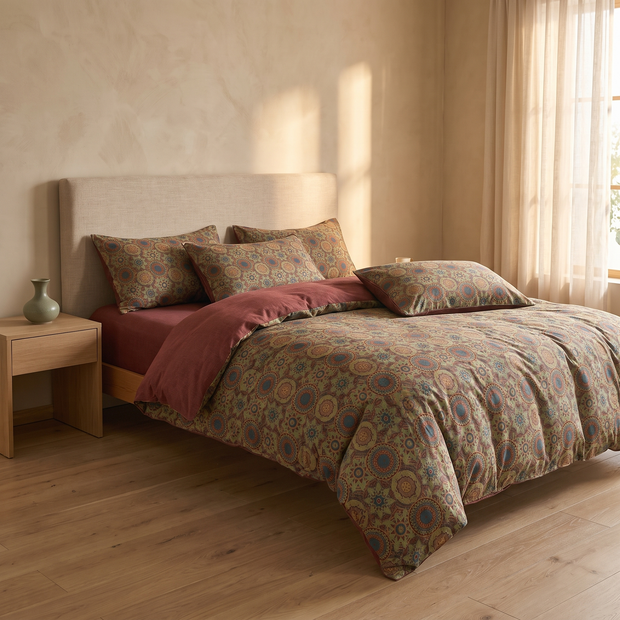 Olive Paisley cotton duvet cover in a Japandi bedroom