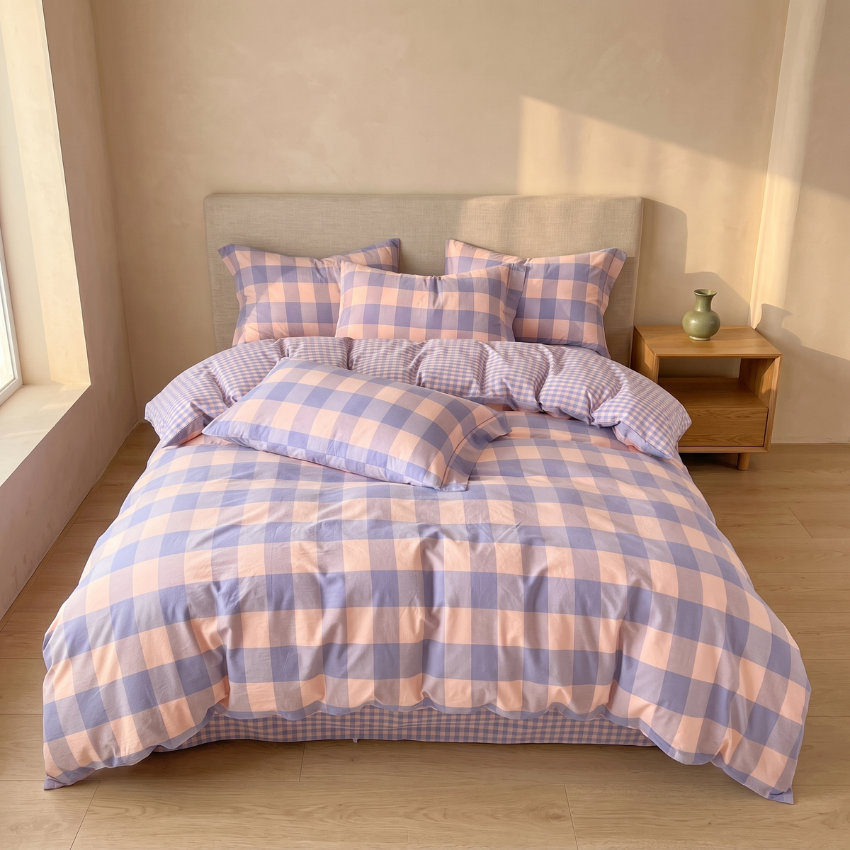 Lavender Plaid cotton duvet cover set in a Japandi bedroom