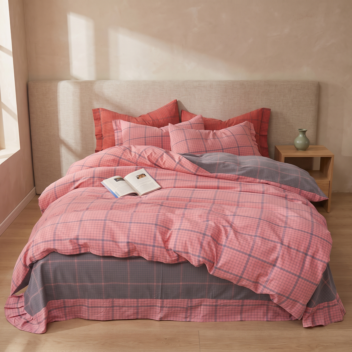 Rose & Gray Plaid cotton duvet cover set in a Japandi bedroom