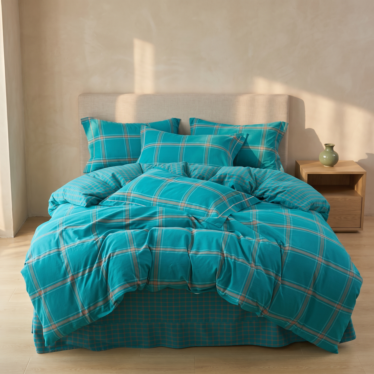 Teal Plaid cotton duvet cover set in a Japandi bedroom
