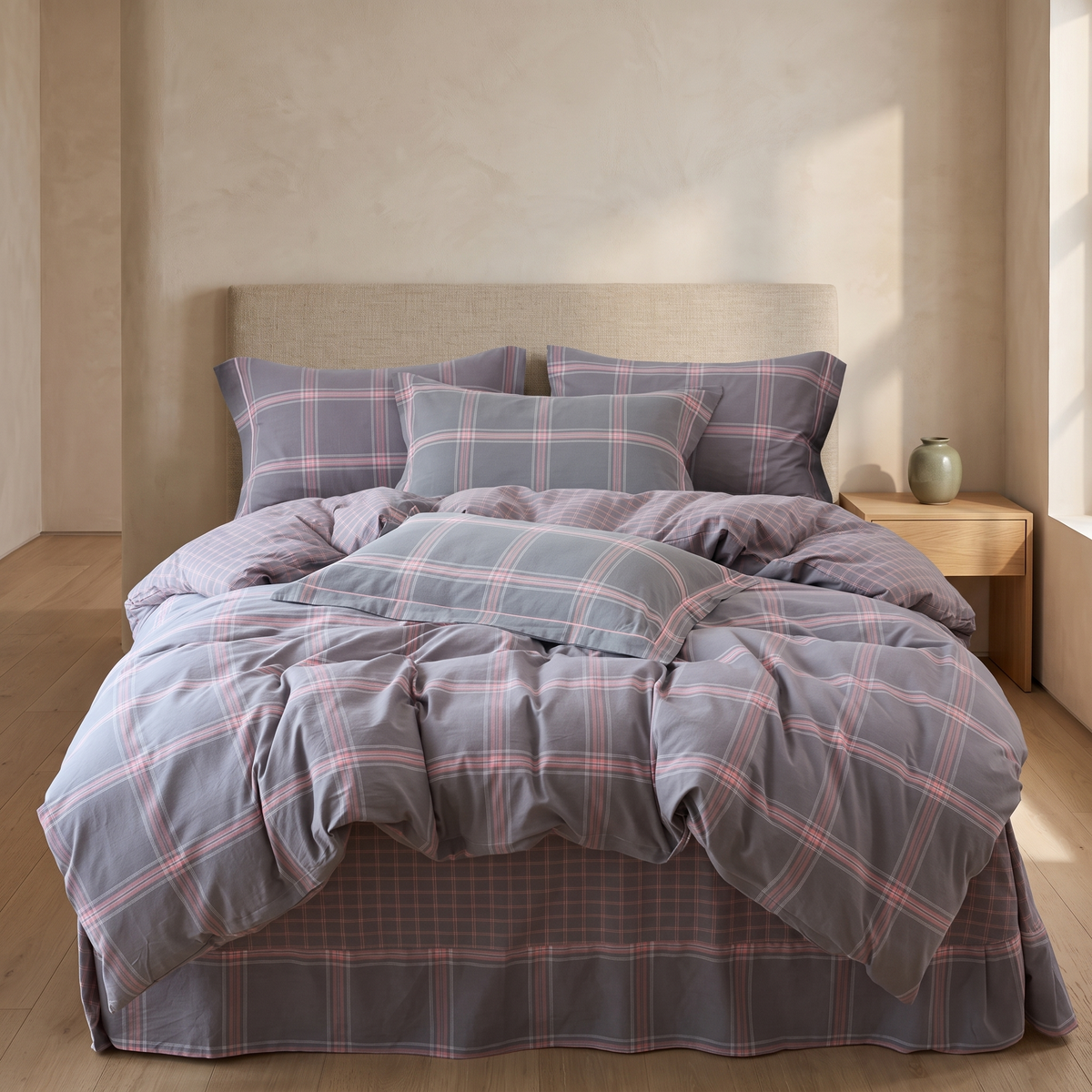 Gray Plaid cotton duvet cover set in a Japandi bedroom
