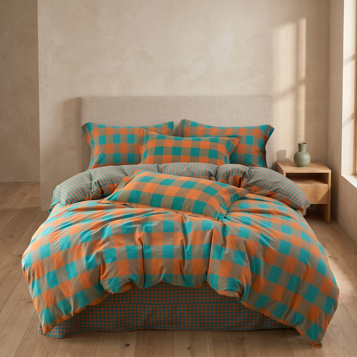 Teal & Orange Plaid cotton duvet cover set in a Japandi bedroom