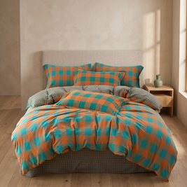 Teal & Orange Plaid cotton duvet cover set in a Japandi bedroom