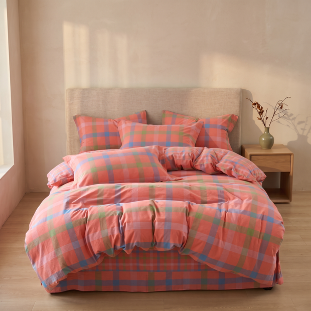 Coral Plaid cotton duvet cover set in a Japandi bedroom