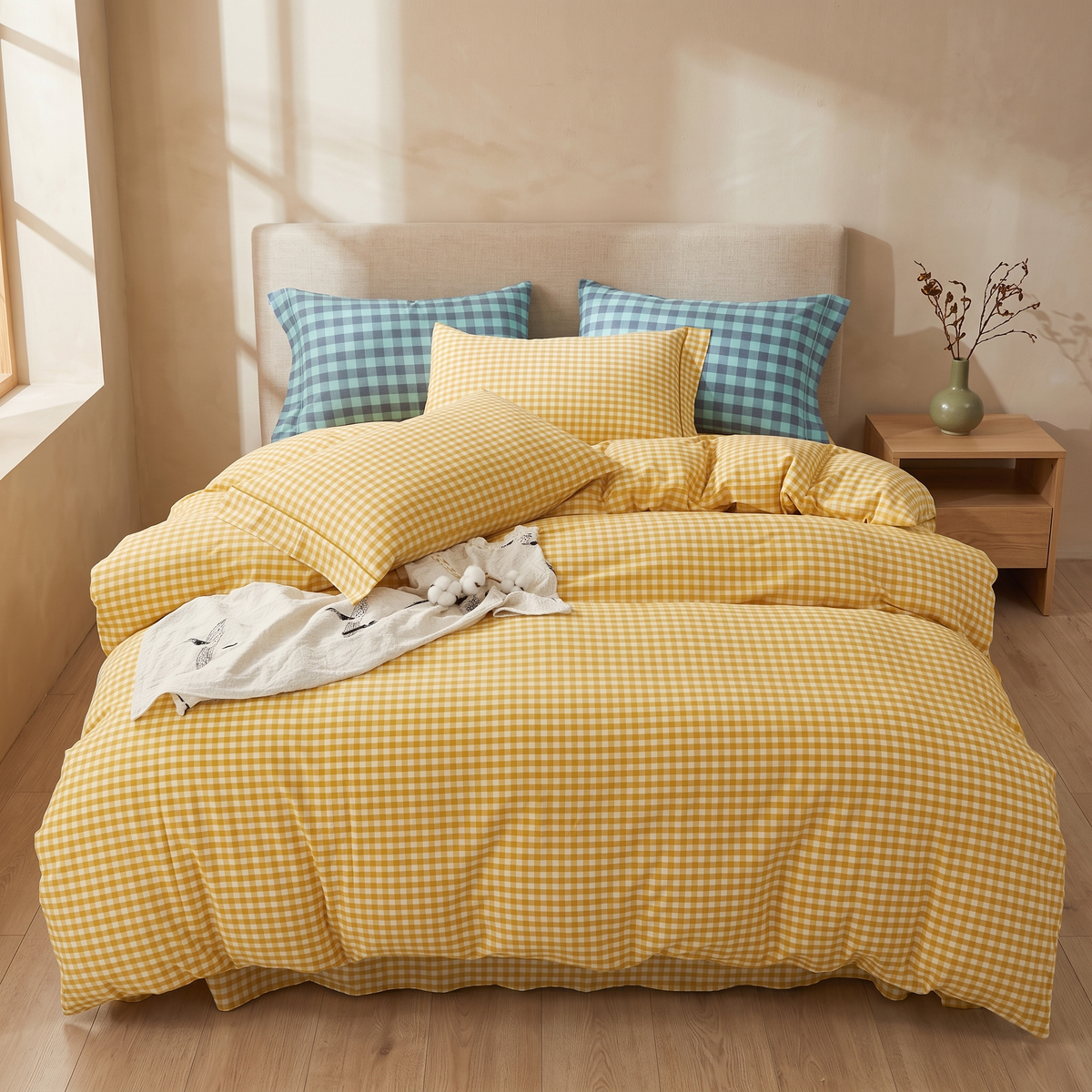 Mustard Gingham cotton duvet cover set in a Japandi bedroom
