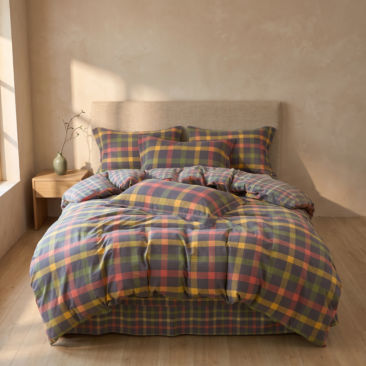 Olive & Mustard Plaid cotton duvet cover set in a Japandi bedroom