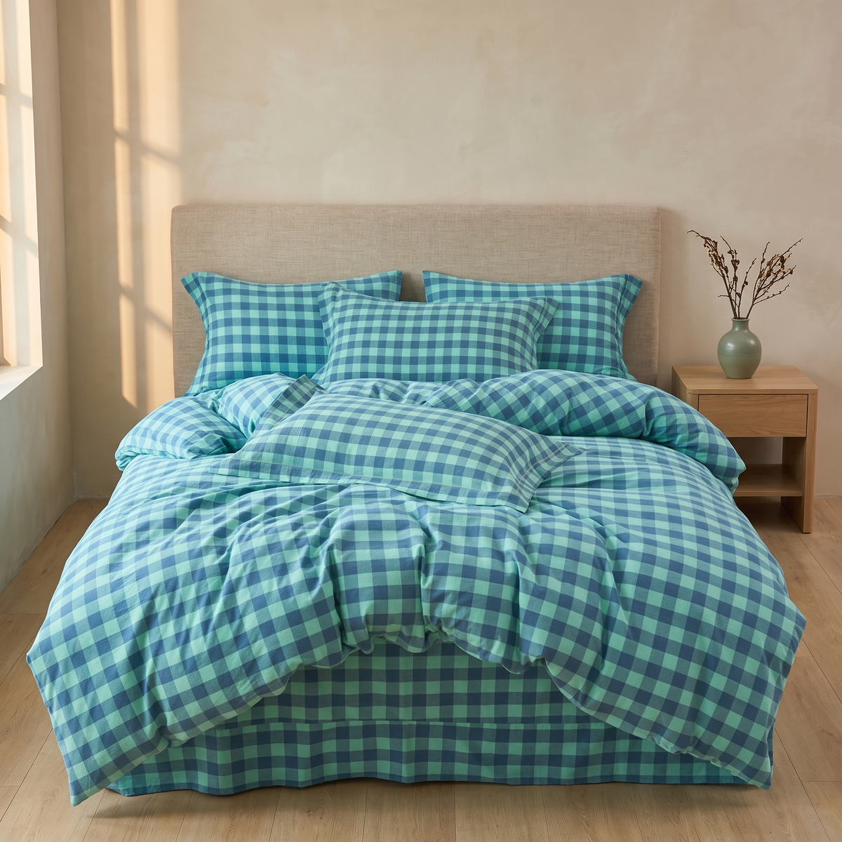 Aqua Gingham cotton duvet cover set in a Japandi bedroom