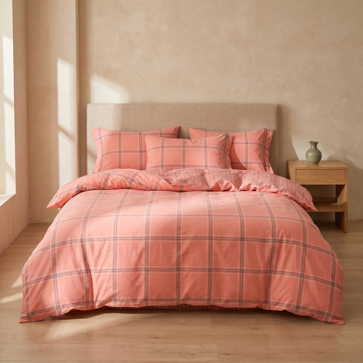 Salmon Windowpane cotton duvet cover set in a Japandi bedroom