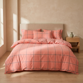 Salmon Windowpane cotton duvet cover set in a Japandi bedroom
