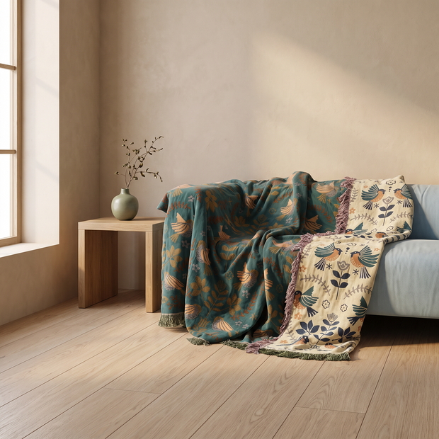 Teal Botanical cotton jacquard throw blanket in a Japandi interior