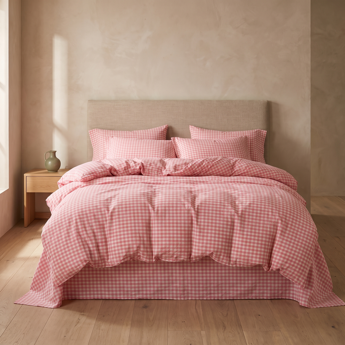 Pink Gingham cotton duvet cover set in a Japandi bedroom