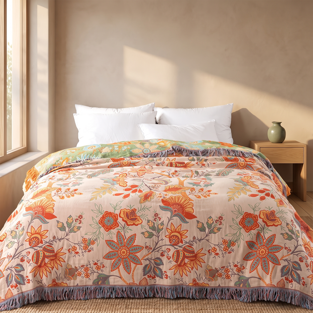 Coral Floral cotton jacquard throw blanket in a Japandi interior