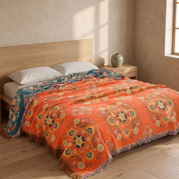 Burnt Orange Floral cotton jacquard throw blanket in a Japandi interior