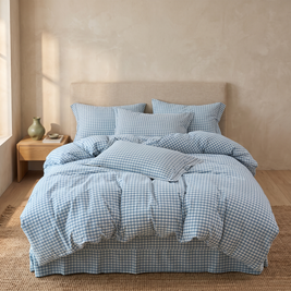 Light Blue Gingham cotton duvet cover set in a Japandi bedroom