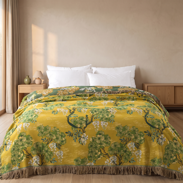 Olive Floral cotton jacquard throw blanket in a Japandi interior
