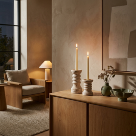 Travertine candle holders with lit taper candles on an oak sideboard