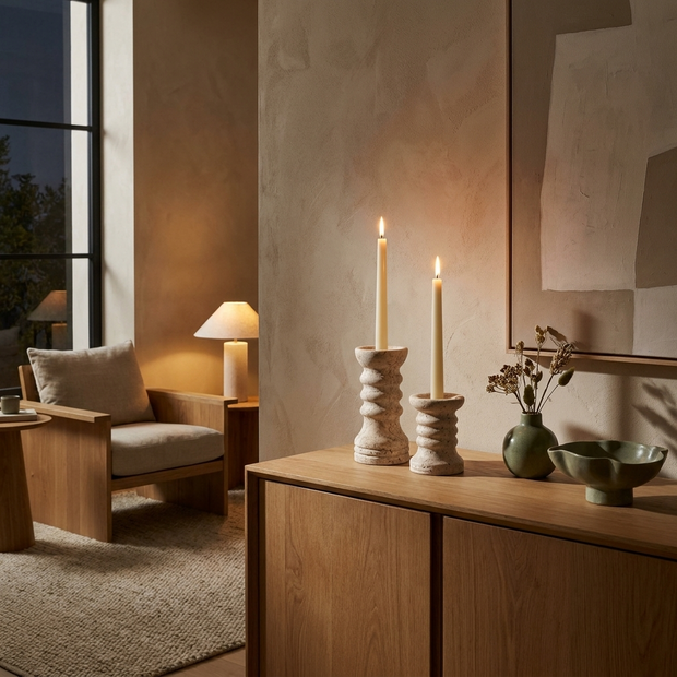 Travertine candle holders with lit taper candles on an oak sideboard