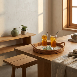 Rattan shell inlay tray with iced tea on an oak dining table