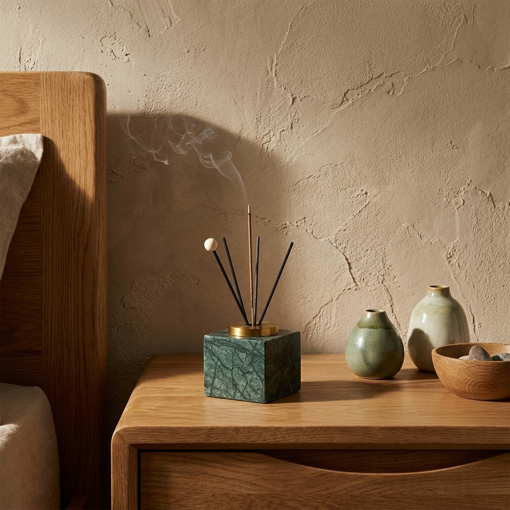 Marble Incense Holder with Gold Finish Accent styled in a Japandi interior