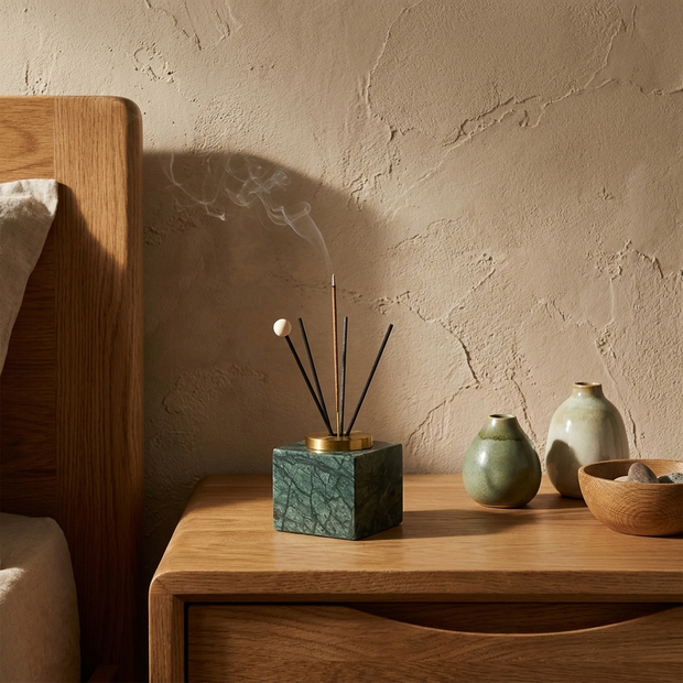 Marble Incense Holder with Gold Finish Accent styled in a Japandi interior