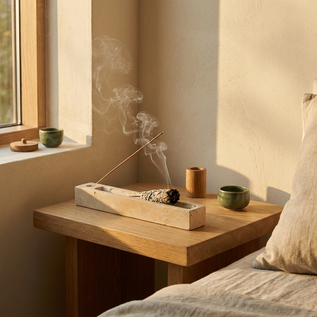 Travertine Incense Tray for Sage & Palo Santo styled in a Japandi interior
