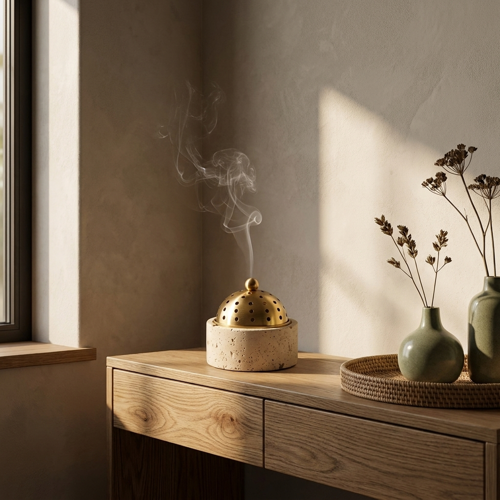 Travertine Incense Burner with Perforated Dome Lid styled in a Japandi interior