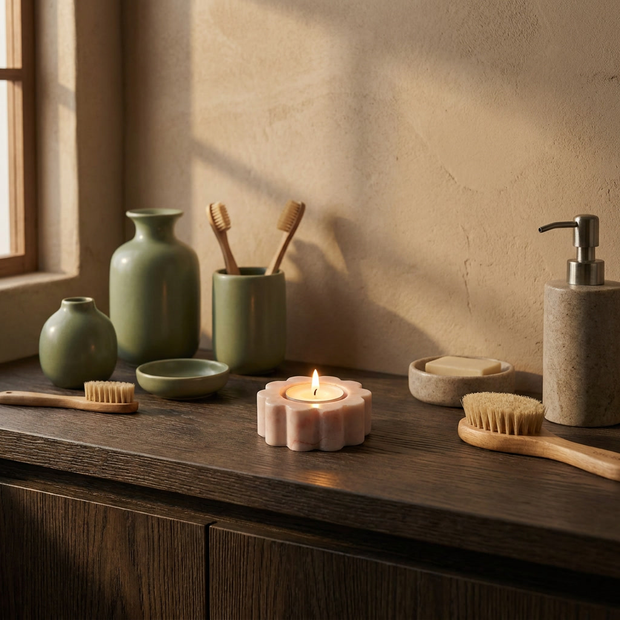 Pink Marble Flower Candle Holder styled in a Japandi interior