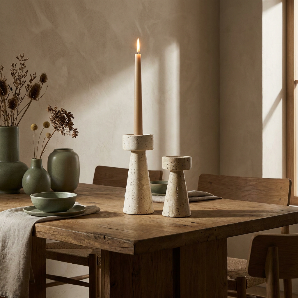 Travertine Taper Candle Holder styled in a Japandi interior