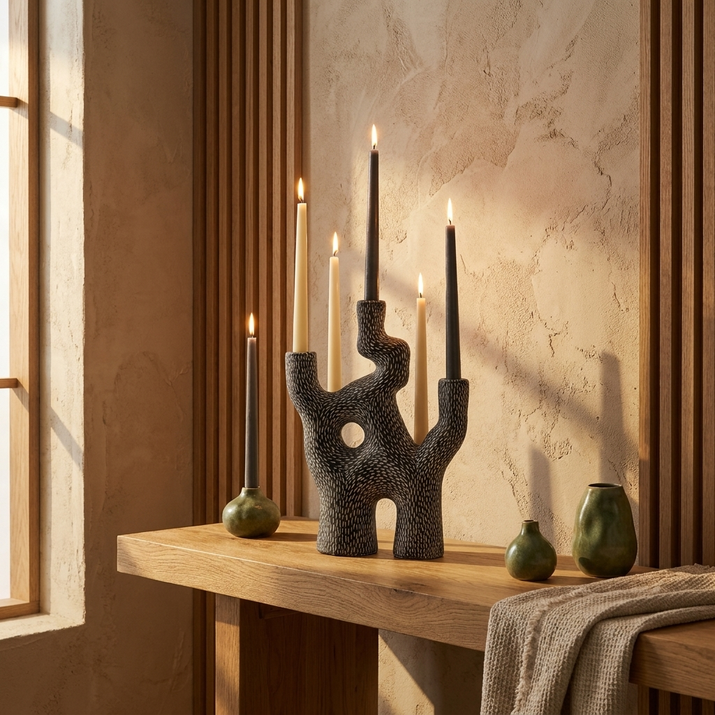 Cement Coral Candlestick Holder styled in a Japandi interior