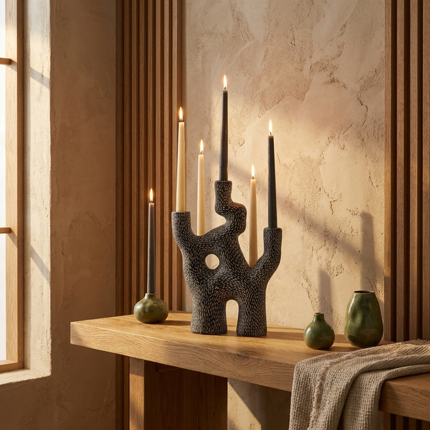 Cement Coral Candlestick Holder styled in a Japandi interior