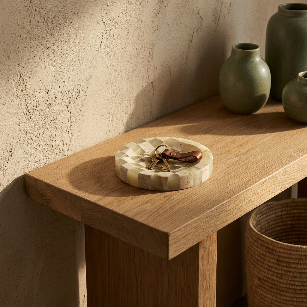 Checkered Marble Jewelry Tray styled in a Japandi interior