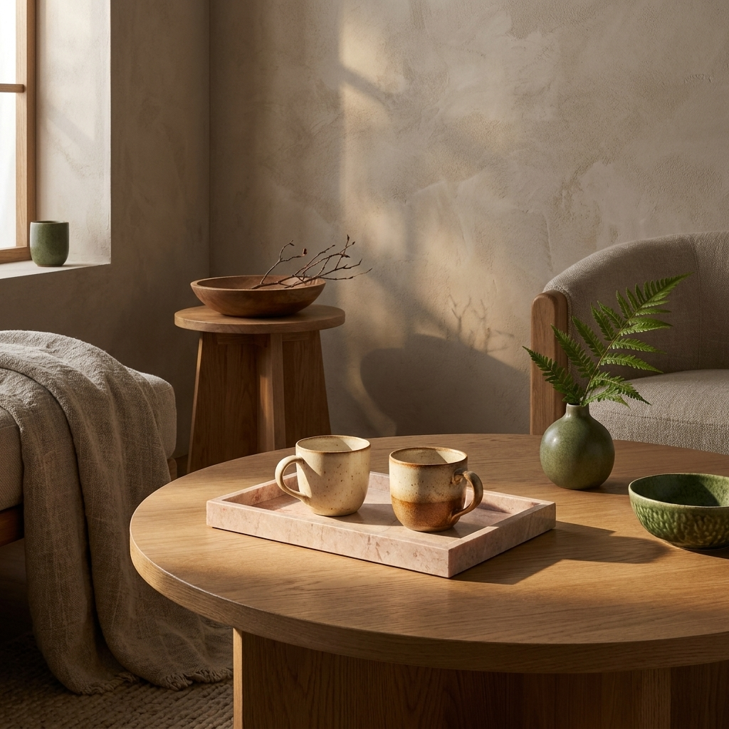 Pink Marble Tray styled in a Japandi interior