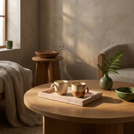 Pink Marble Tray styled in a Japandi interior