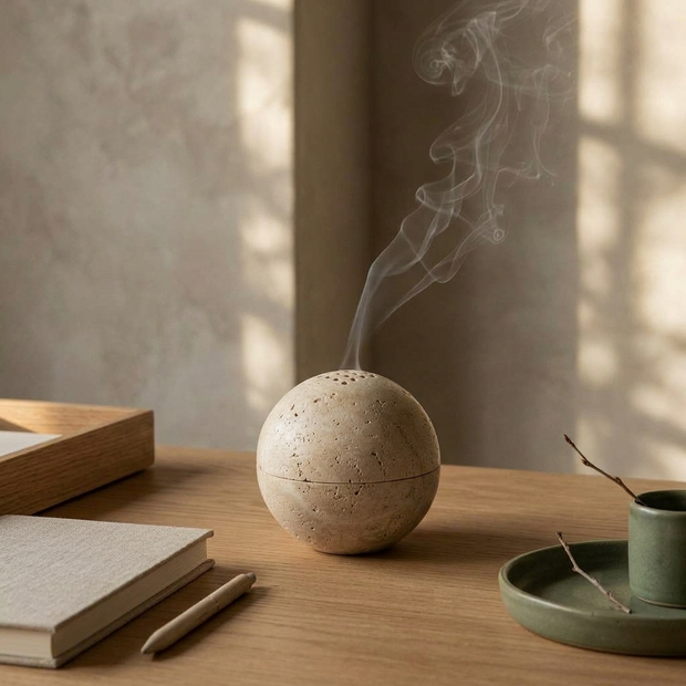 Travertine Incense Burner with 9 Holes styled in a Japandi interior