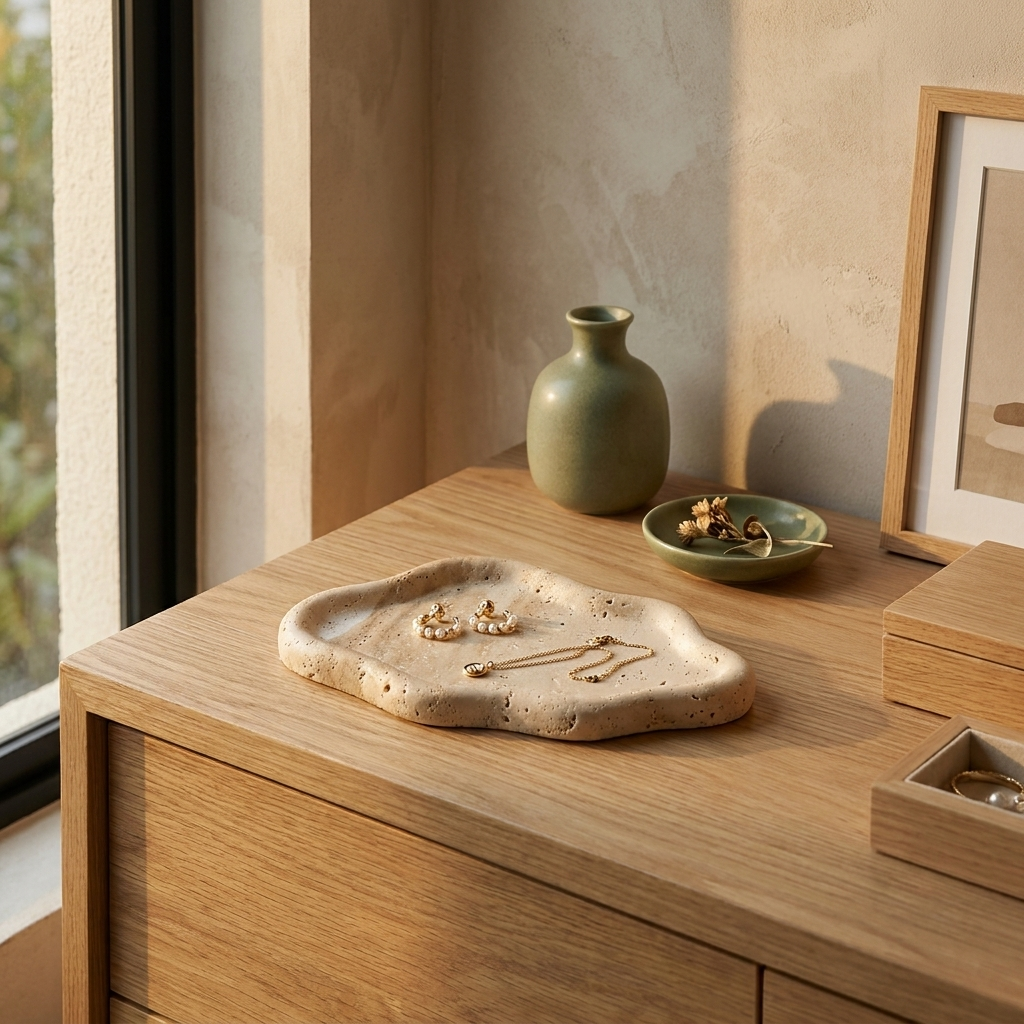 Travertine Cloud Jewelry Tray styled in a Japandi interior